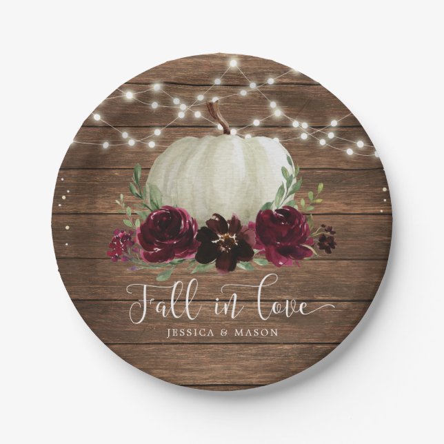 Rustic Wood Burgundy Flowers Pumpkin Plates (Front)