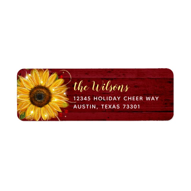 Rustic Wood Burgundy Gold Sunflower Return Address (Front)