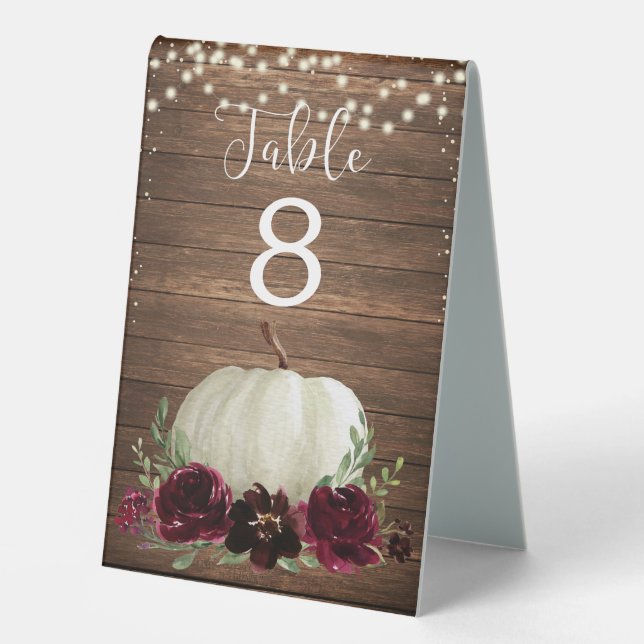 Rustic Wood Burgundy Pumpkin Wedding Table Numbers (Front)
