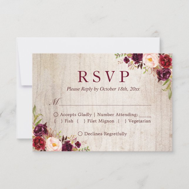 Rustic Wood Burgundy Red Floral Wedding RSVP (Front)