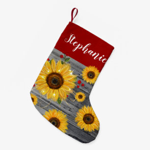Rustic Wood Burgundy Red Gold Sunflower Name Small Christmas Stocking