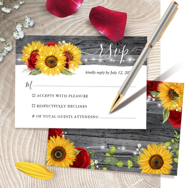 Rustic Wood Burgundy Red Rose Sunflower Wedding RSVP Card (Elegant sunflower and red rose wedding RSVP cards perfect for a rustic theme.)