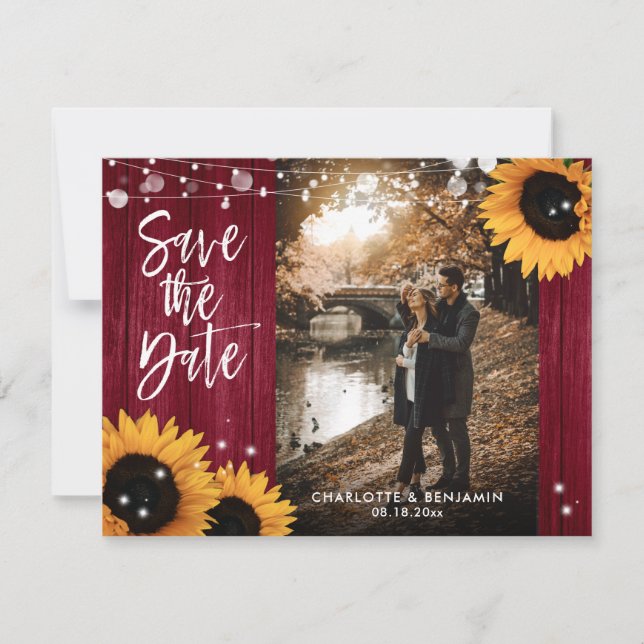 Rustic Wood Burgundy Red Sunflower Wedding Photo Save The Date (Front)