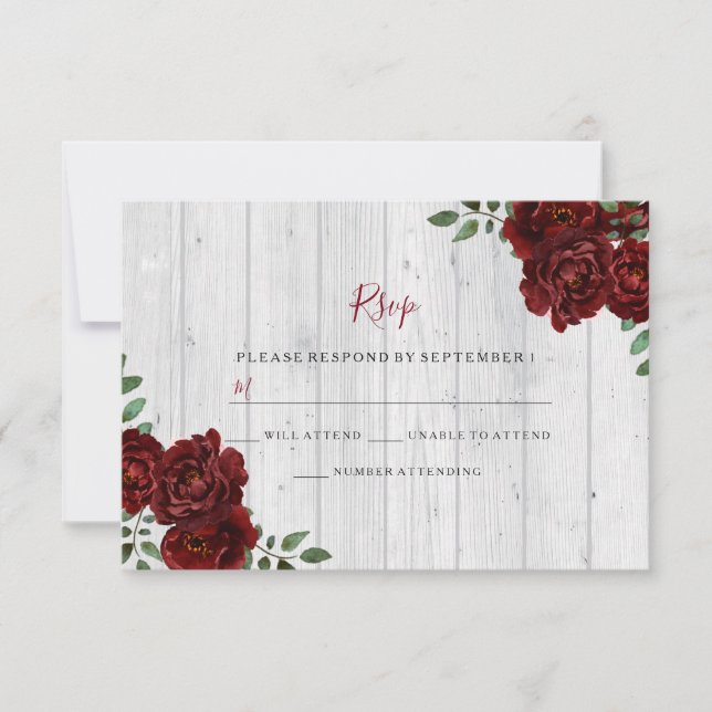 Rustic Wood Burgundy Rose Romantic Wedding RSVP (Front)