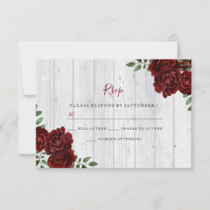 Rustic Wood Burgundy Rose Romantic Wedding RSVP Card