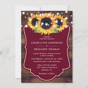 Rustic Wood Burgundy Sunflower Wedding Invitation