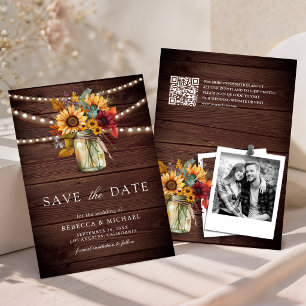 Rustic Wood Burgundy Sunflowers Mason Jar Wedding Save The Date