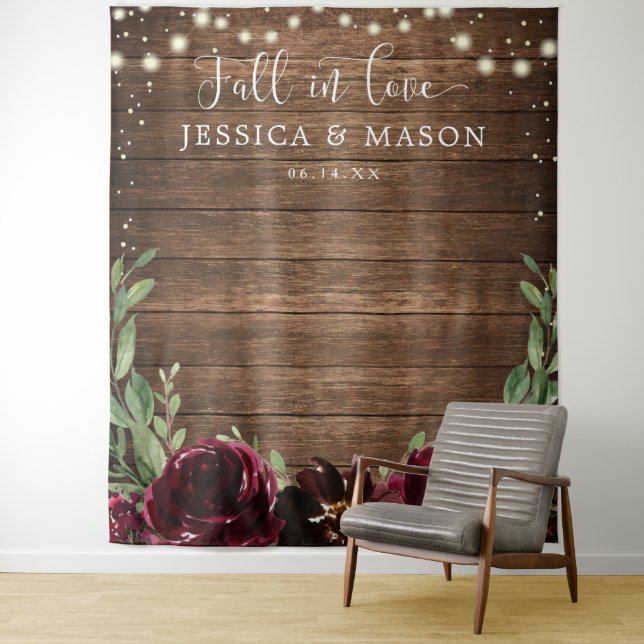 Rustic Wood Burgundy Wall Photo Backdrop Tapestry (In Situ)