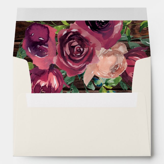 Rustic Wood Burgundy Watercolor Floral 5x7 Envelope (Back (Bottom))