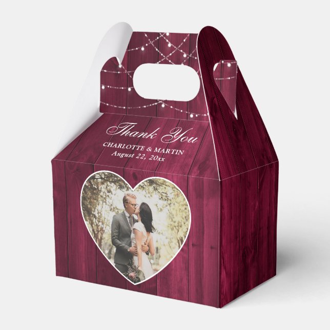 Rustic Wood Burgundy Wedding Photo Favour Box (Front Side)