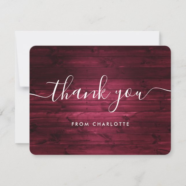 Rustic Wood Burgundy Wedding Shower Birthday Thank You Card (Front)
