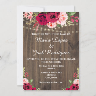 Rustic Wood Burgundy With Vintage Floral Lights Invitation