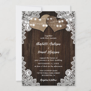 Rustic Wood Burlap and Lace String Lights Wedding Invitation