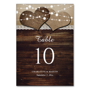 Rustic Wood Burlap and Lace Table Number Cards