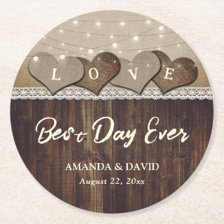 Rustic Wood Burlap and Lace Wedding Coasters