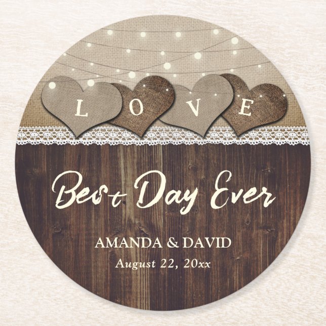 Rustic Wood Burlap and Lace Wedding Coasters (Front)