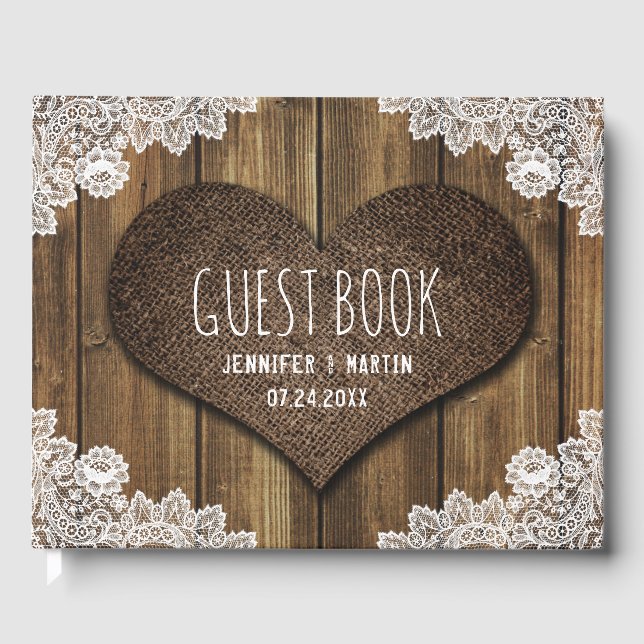 Rustic Wood Burlap and Lace Wedding Guest Book (Front)