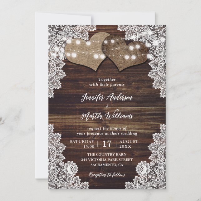 Rustic Wood Burlap and Lace Wedding Invitations (Front)