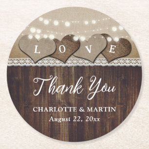 Rustic Wood Burlap and Lace Wedding Thank You  Round Paper Coaster