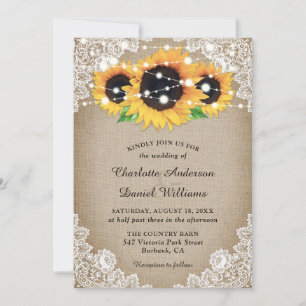Rustic Wood Burlap Floral Lace Sunflower Wedding Invitation