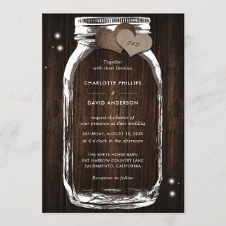 Rustic Wood Burlap Hearts Mason Jar Wedding Invitation