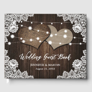 Rustic Wood Burlap Hearts Wedding Guest Book