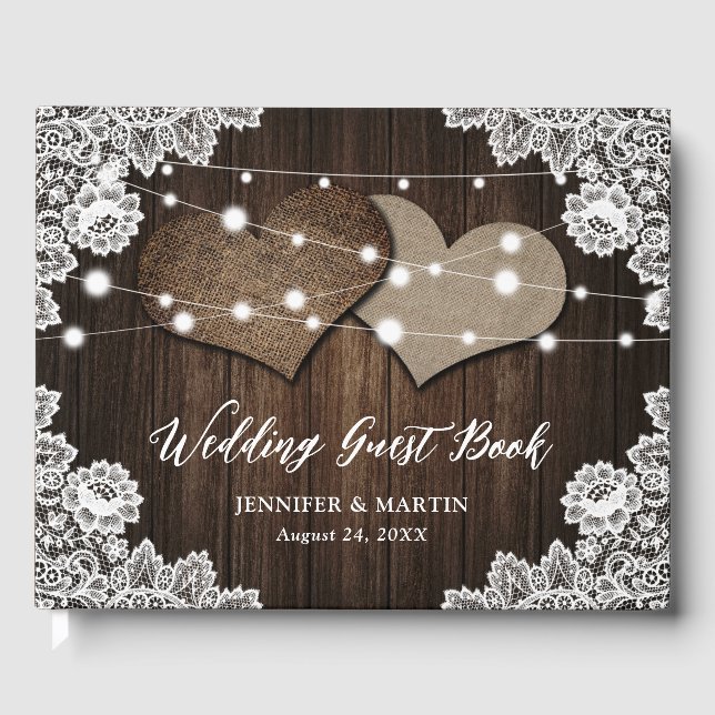Rustic Wood Burlap Hearts Wedding Guest Book (Front)