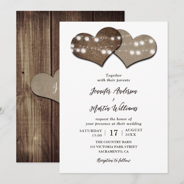 Rustic Wood Burlap Hearts Wedding Invitation (Front/Back)