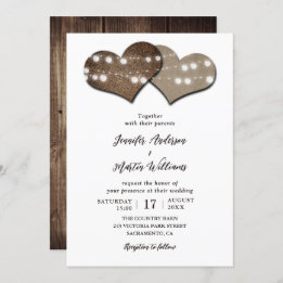 Rustic Wood Burlap Hearts Wedding Invitation