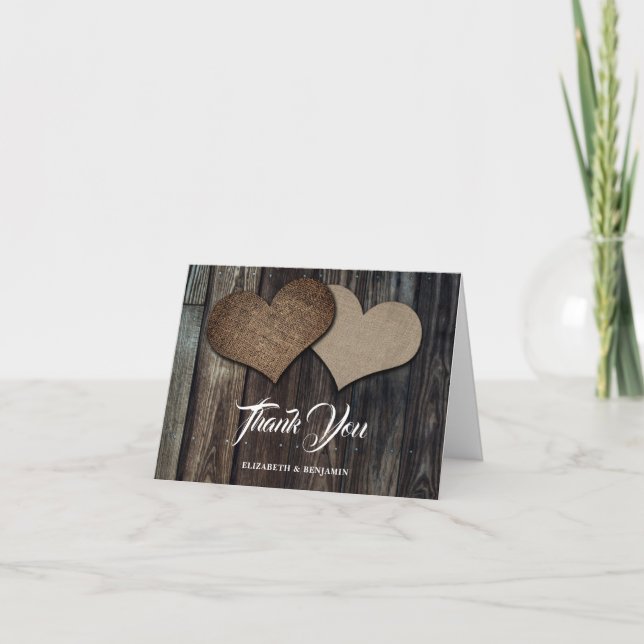 Rustic Wood Burlap Hearts Wedding Thank You Card (Front)