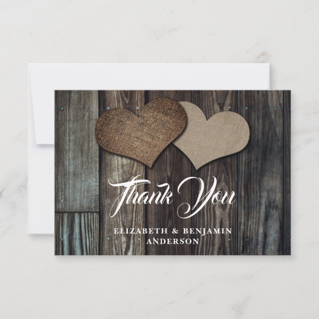 Rustic Wood Burlap Hearts Wedding Thank You Card (Front)
