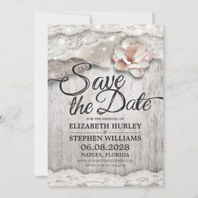 Rustic Wood Burlap Lace Barn Wedding Save The Date (Front)
