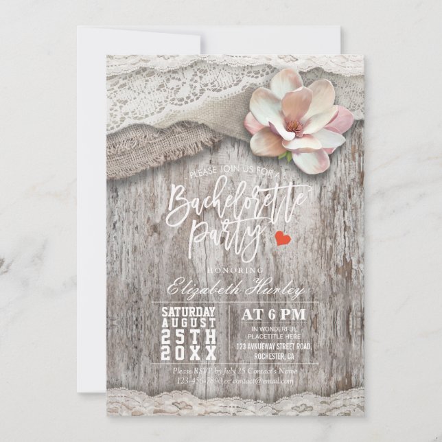 Rustic Wood Burlap Lace Floral Bachelorette Party Invitation (Front)