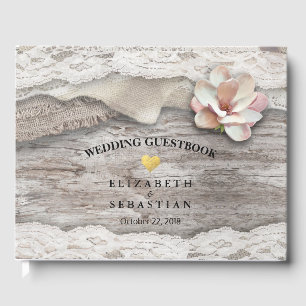 Rustic Wood Burlap Lace Floral Wedding Guestbook