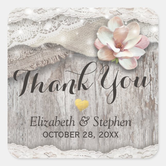 Rustic Wood Burlap Lace Floral Wedding Thank You Square Sticker (Front)