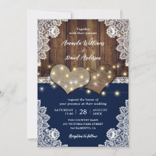 Rustic Wood Burlap Lace Navy Wedding Invitations
