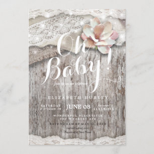 Rustic Wood Burlap Lace String Lights Baby Shower Invitation