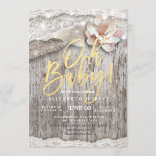 Rustic Wood Burlap Lace String Lights Baby Shower Invitation
