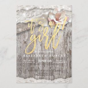 Rustic Wood Burlap Lace String Lights Baby Shower Invitation
