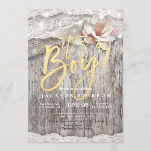 Rustic Wood Burlap Lace String Lights Baby Shower Invitation