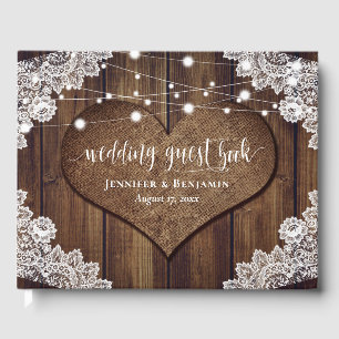 Rustic Wood Burlap Lace String Lights Wedding Guest Book