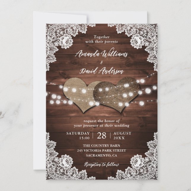 Rustic Wood Burlap Lace String Lights Wedding Invitation (Front)