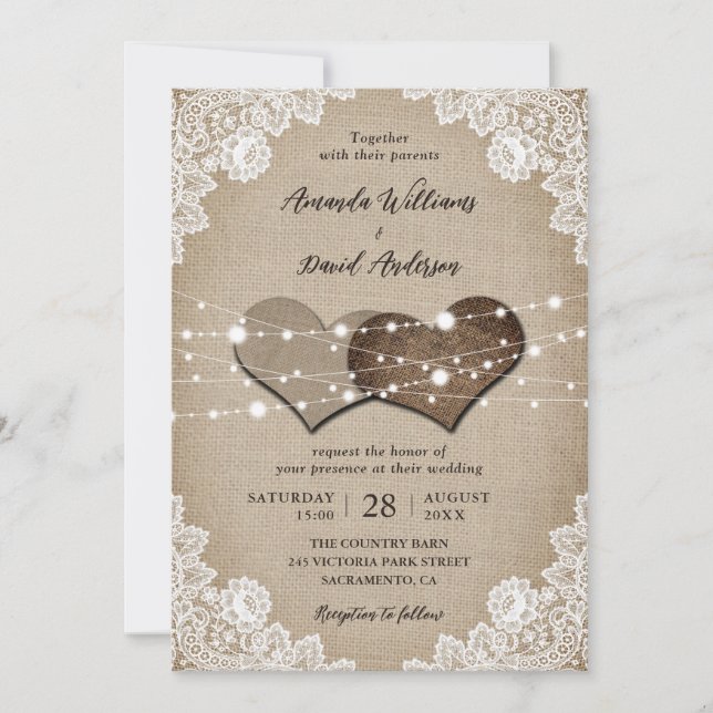 Rustic Wood Burlap Lace String Lights Wedding Invitation (Front)