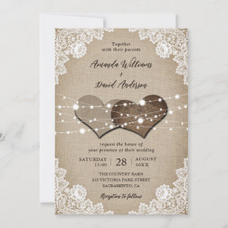 Rustic Wood Burlap Lace String Lights Wedding Invitation