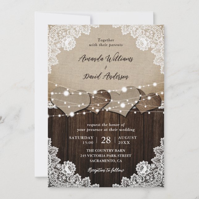 Rustic Wood Burlap Lace String Lights Wedding Invitation (Front)