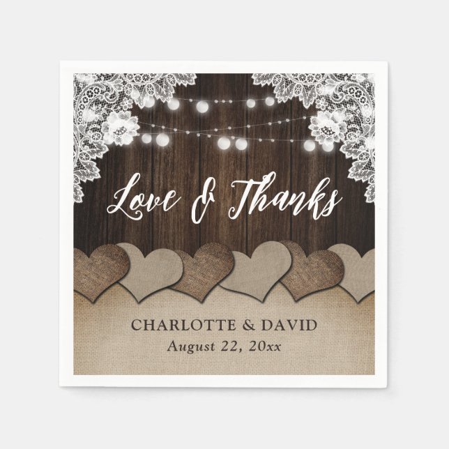 Rustic Wood Burlap Lace String Lights Wedding Napkin (Front)
