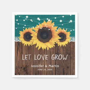 Rustic Wood Burlap Lace Sunflower Teal Wedding Napkin