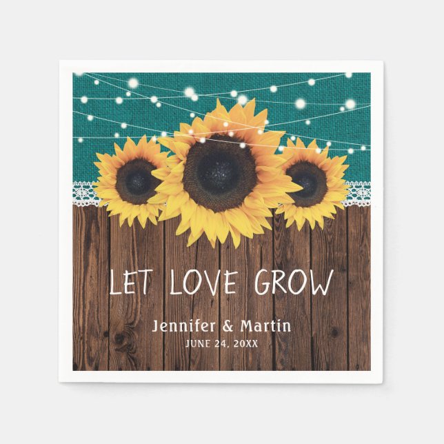 Rustic Wood Burlap Lace Sunflower Teal Wedding Napkin (Front)