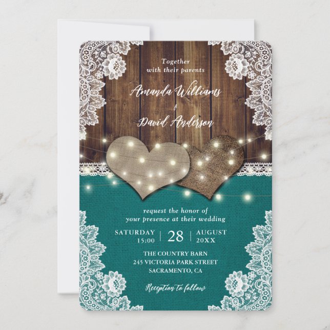Rustic Wood Burlap Lace Teal Wedding Invitations (Front)