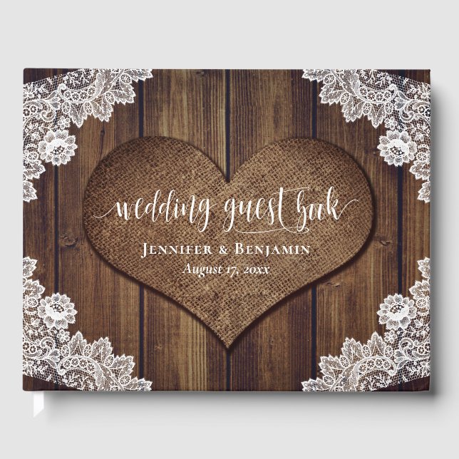 Rustic Wood Burlap Lace Wedding Guest Book (Front)